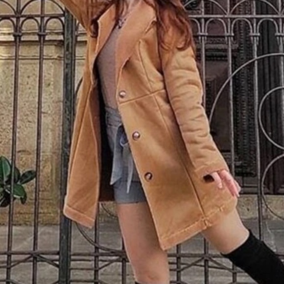 Camel Tan Sherpa Lined Vegan Suede Jacket Coat - Picture 2 of 8